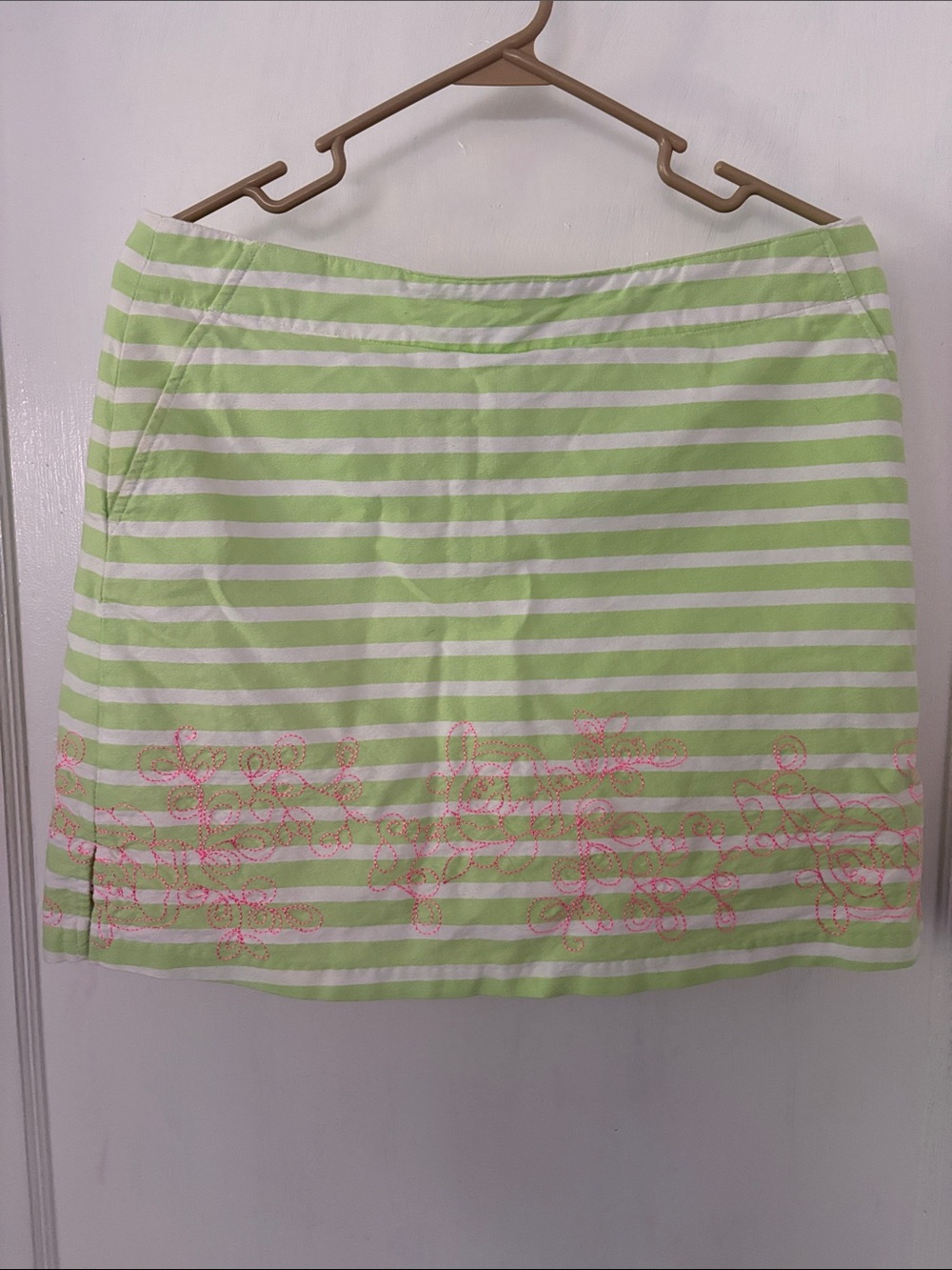 Lady Hagen Green and White Striped Mini Skirt with Pink Embroidery